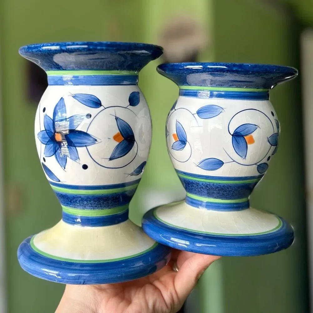 VTG Pfaltzgraff Floral Dainty Ceramic Blue + Orange Candlestick Holder Set of 2